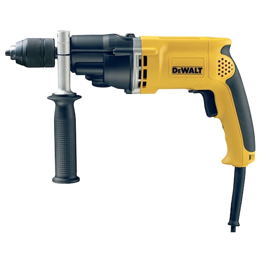 A yellow and black DEWALT electric drill with a side handle, shown on a white background.