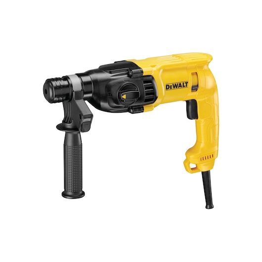 A DEWALT branded electric rotary hammer drill with a yellow and black body, featuring a side handle and a power cord.
