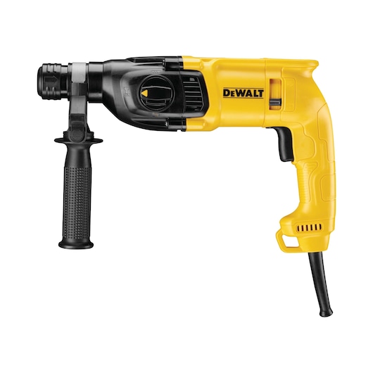 A yellow and black DEWALT electric hammer drill with a side handle, shown on a white background.