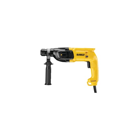 A yellow and black DEWALT corded rotary hammer drill, with a side handle for added control, shown on a white background.