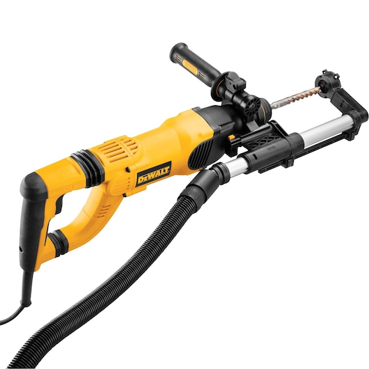 A DEWALT branded yellow and black power tool, specifically a dust extraction system attachment for a rotary hammer drill, featuring a side handle and hose connection.