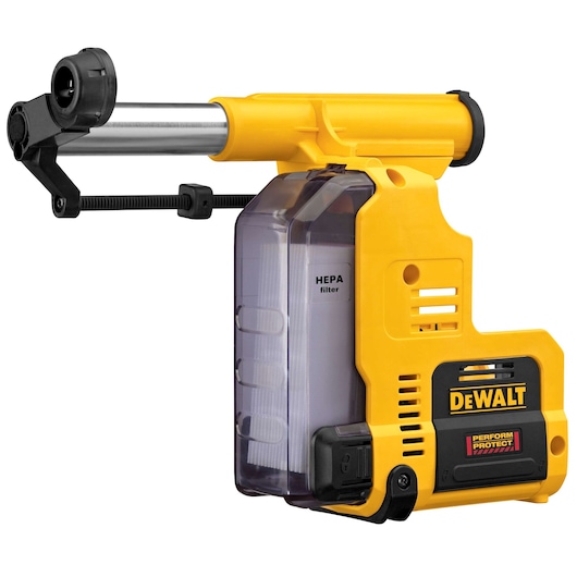 DEWALT D25303DH yellow and black dust extraction attachment with HEPA filter for drills, featuring a transparent dust collection chamber and adjustable clamp.