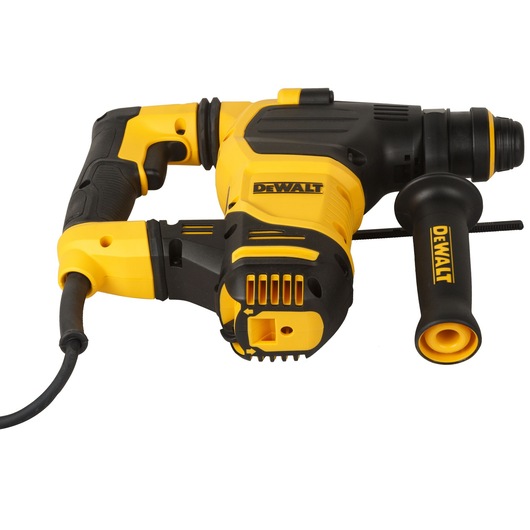 Yellow and black DEWALT rotary hammer drill with side handle and power cord, model D25333K.