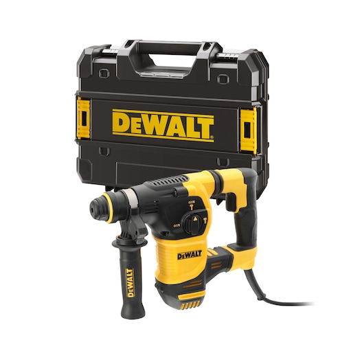 A DEWALT rotary hammer drill in yellow and black, shown with a hard carrying case featuring the DEWALT logo.