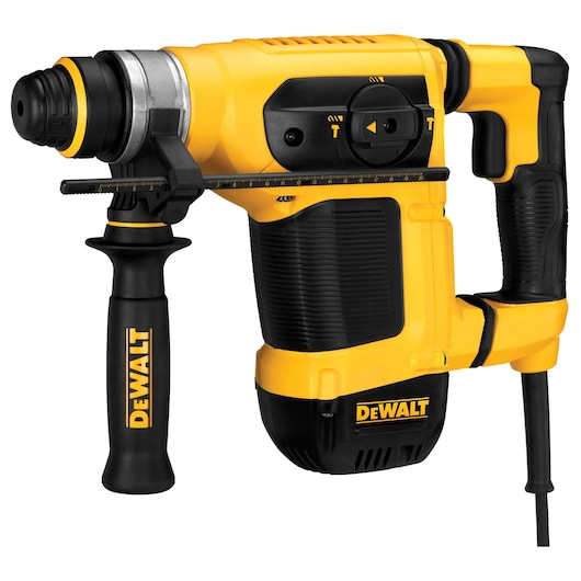 A DEWALT yellow and black rotary hammer drill with a side handle and a depth gauge.