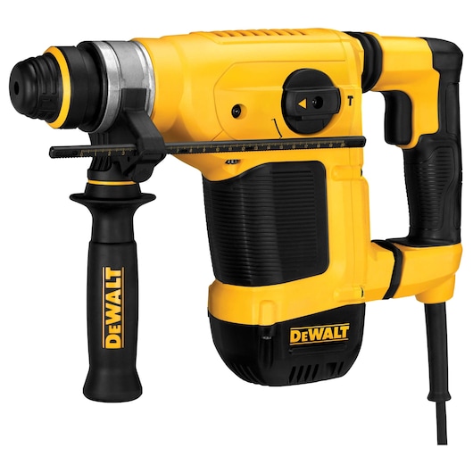 A yellow and black DEWALT corded rotary hammer drill with side handle and depth gauge.