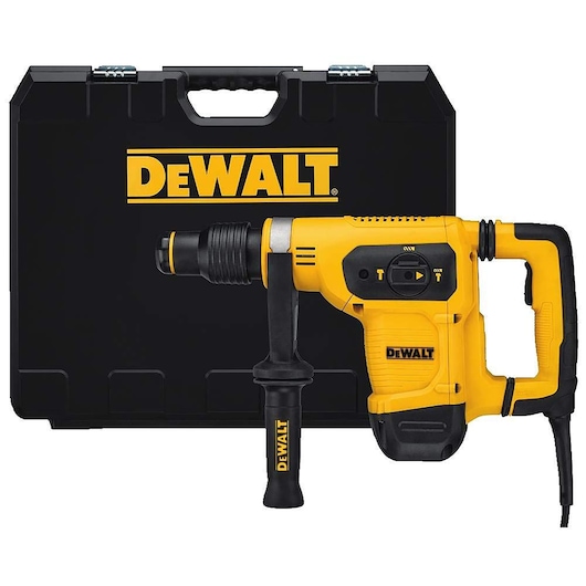 A yellow and black DEWALT rotary hammer drill with a side handle, shown in front of a black DEWALT carrying case.