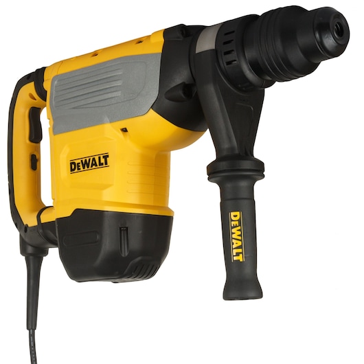 Yellow DEWALT rotary hammer drill with side handle, corded, heavy-duty construction tool.