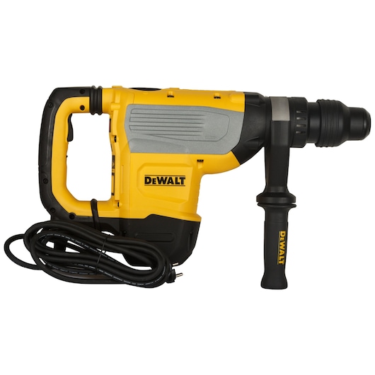 DEWALT D25733K corded rotary hammer drill with side handle and cable. Yellow and black construction tool.