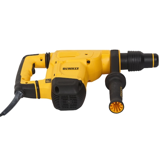 A yellow and black DEWALT power tool, specifically a corded rotary hammer drill, shown with a side handle and a power cord extending from the back.
