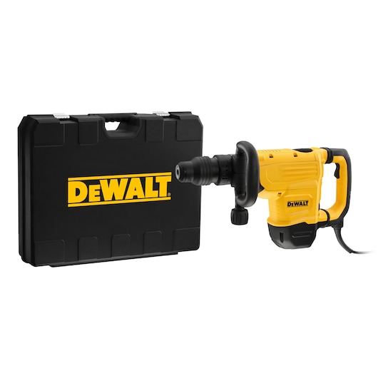 A yellow and black DEWALT demolition hammer power tool with a black carrying case featuring the DEWALT logo.