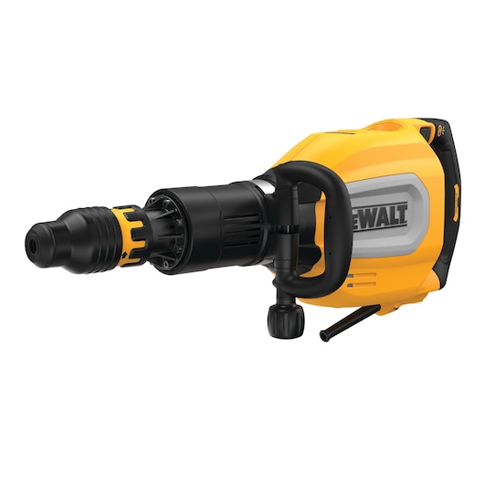 A DEWALT branded electric demolition hammer with a yellow and black body, featuring a side handle for better grip and control.