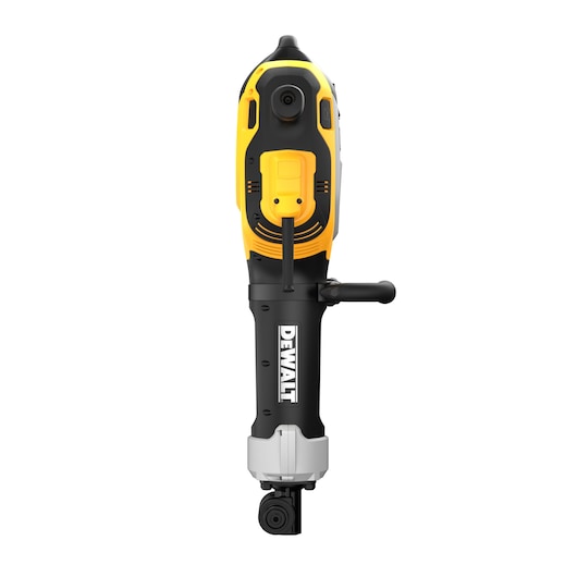 Front view of a DEWALT D25966K demolition hammer with a black and yellow body and a side handle.