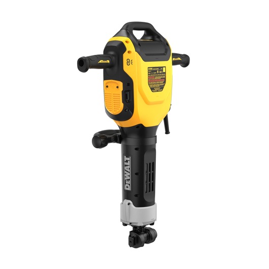 A DEWALT electric demolition hammer with a yellow and black body, two side handles, and a DEWALT logo on the lower section.