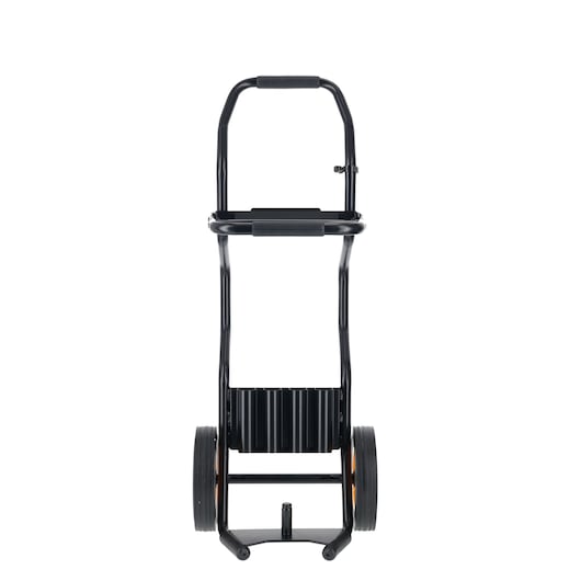 Black DEWALT trolley with two large wheels and a sturdy frame, designed for transporting heavy tools.