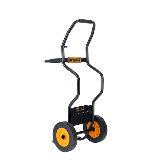 DEWALT black and yellow dolly cart with sturdy frame and wheels for transporting heavy tools.