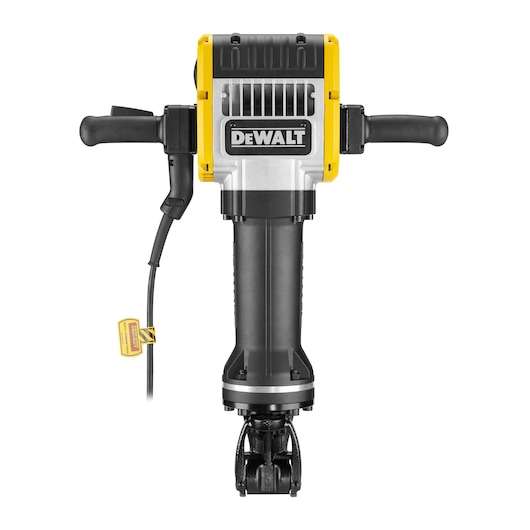 Front view of a DEWALT electric demolition hammer with handles on both sides, a power cord, and the DEWALT logo visible on the front housing.