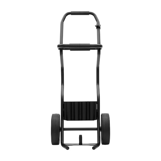 Front view of a black utility hand truck with two large wheels and a handle, designed for transporting heavy items.
