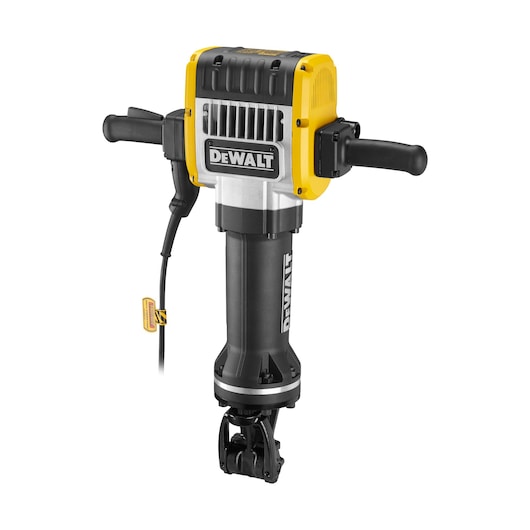 A DEWALT electric demolition hammer with a yellow and black casing, two side handles, and a power cord, shown against a white background.