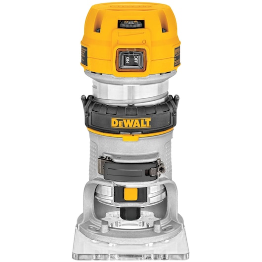 DEWALT D26200 compact router with a yellow and silver color scheme, featuring an on/off switch, branded logo, and clear base.