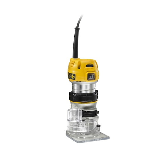 A DEWALT D26200 compact router tool with a yellow and black body, clear base, and attached power cord designed for woodworking.