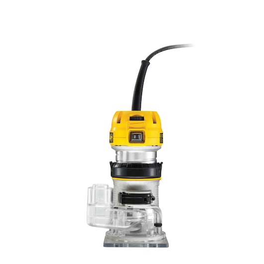 A DEWALT D26200 compact router with a yellow and silver body, clear plastic base, and a black power cord, photographed against a white background.