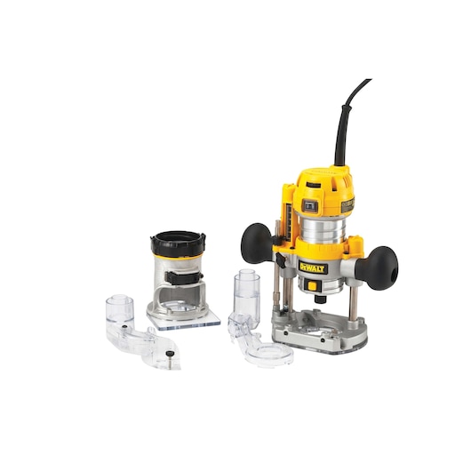 A DEWALT router kit, featuring a yellow and black router with side handles, interchangeable bases, and clear plastic accessories, displayed on a white background.