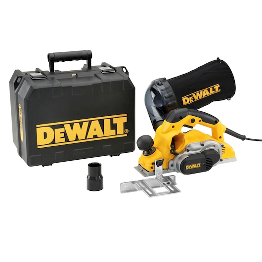A DEWALT electric planer with a black and yellow body, dust bag, accessory, metal guide, and sturdy carrying case. The DEWALT brand name is prominently displayed on both the tool and the case.