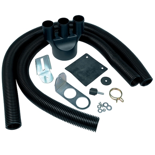 A DEWALT accessory kit including black corrugated hoses, plastic connector with three ports, metal brackets, washers, screws, rubber pad, and a circular metal ring, arranged on a white background.
