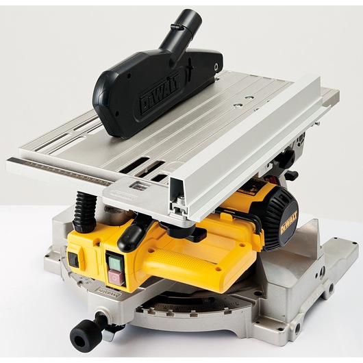A DEWALT D27113 compound miter saw with table saw integration, featuring a yellow and silver design, black dust extraction attachment, and control buttons on the main unit.