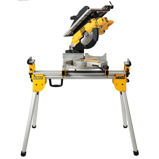 A DEWALT D27113 compound mitre saw with a yellow and black design, mounted on a folding metal stand. The saw has a large circular blade and adjustable features for precise wood cutting.
