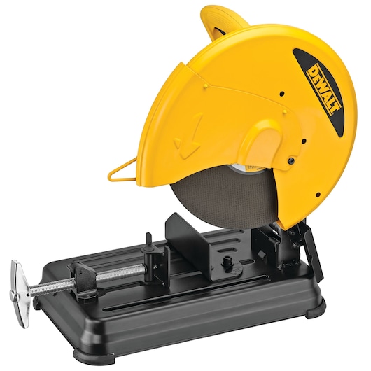 A DEWALT metal cutting saw with a yellow protective cover and a black base, featuring a clamping mechanism for secure cutting.