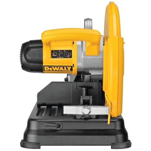 Side view of a DEWALT metal cut-off saw, model D28730-B2, featuring a yellow handle and blade guard, with a black base and motor housing.