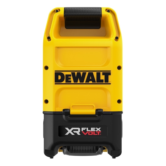 Front view of a DEWALT XR FLEXVOLT portable power supply unit in yellow and black, featuring a handle at the top and the DEWALT logo prominently displayed.