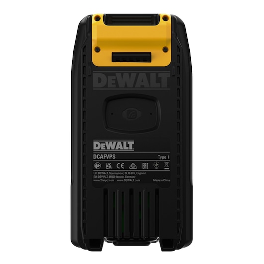 DEWALT DCAFVPS power tool battery with yellow connector, photographed from the back.