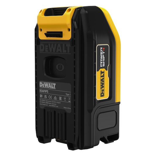 DEWALT DCAFVPS Power Shift black and yellow portable battery pack for photography equipment.