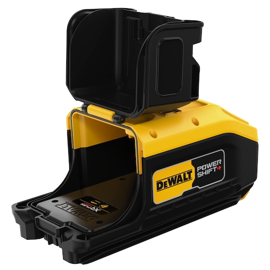 DEWALT Power Shift adapter for photography, yellow and black, with open compartment and branding visible.