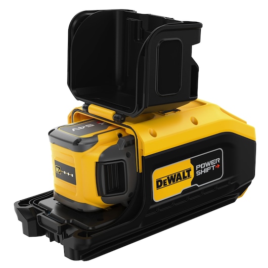 DEWALT Power Shift photography accessory with a black and yellow design and an open compartment on top.