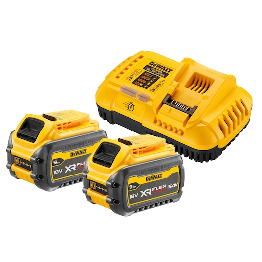 DEWALT battery charger and two lithium-ion XR FLEXVOLT batteries, 18V/54V, 9Ah, shown in yellow and black.