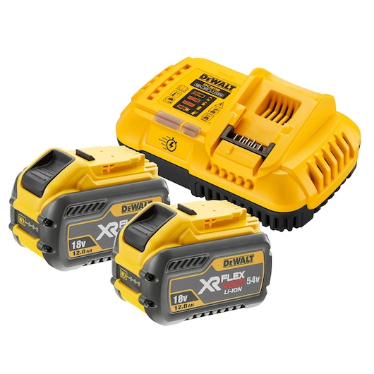 DEWALT XR Flexvolt DCB118Y2 kit showing a yellow and black battery charger with two 18V/54V 12.0Ah lithium-ion batteries, designed for power tools.