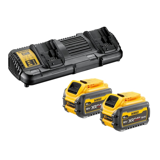 DEWALT dual battery charger with two rechargeable XR FLEXVOLT 18V/54V lithium-ion batteries, shown side by side on a white background.