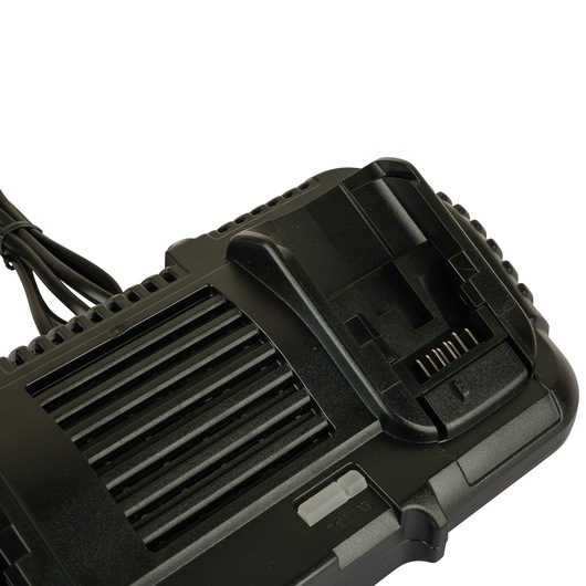 Close-up view of a DEWALT DCB132 black battery charger for power tools, showing the charging slot and power cord.