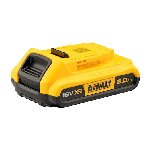 A DEWALT 18V XR lithium-ion battery with a 2.0 Ah capacity in bright yellow and black casing, designed for power tools.