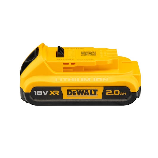 Side view of a yellow DEWALT 18V XR lithium-ion battery pack with 2.0 Ah capacity, model DCB183.