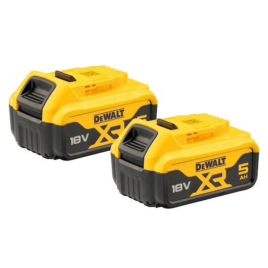 Two DEWALT XR 18V 5Ah lithium-ion batteries for power tools, shown side by side.