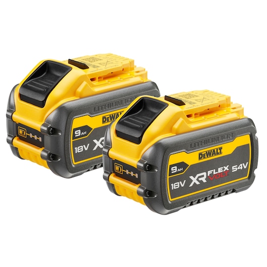 Two DEWALT 18V/54V XR FlexVolt lithium-ion batteries, 9Ah, shown side by side.