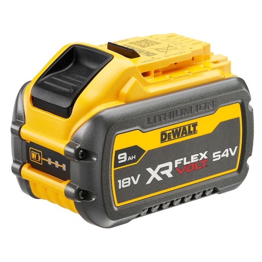 Close-up image of a DEWALT XR FLEXVOLT lithium-ion battery, model DCB547, with 18V and 54V voltage options, and 9Ah capacity. The battery is yellow and black in color.