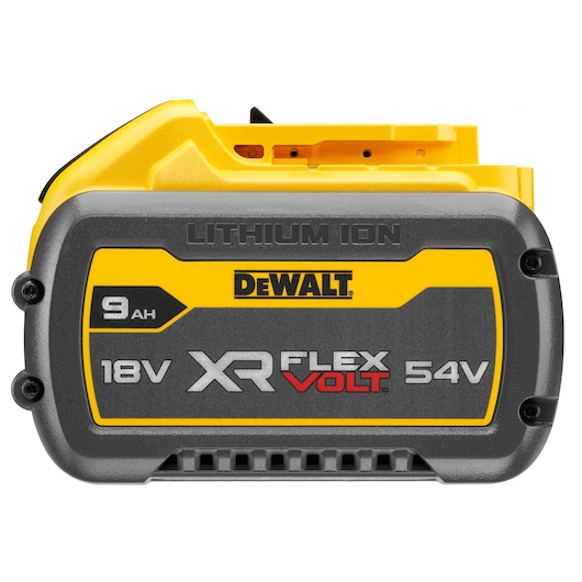Front view of a DEWALT XR FLEXVOLT lithium ion battery, model DCB547, with 9Ah capacity, 18V and 54V voltage options. The battery is gray and yellow with the DEWALT logo in the center.