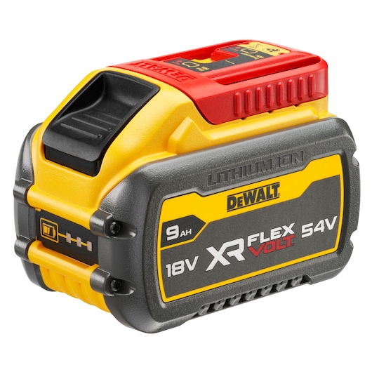 DEWALT XR FlexVolt DCB547 lithium-ion battery with 18V/54V voltage and 9Ah capacity, featuring a yellow, black, and red color design.