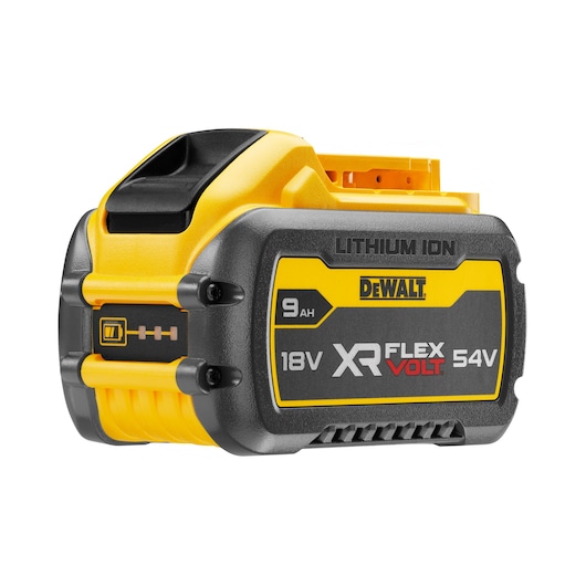 DEWALT DCB547 XR Flexvolt 18V/54V lithium-ion battery with 9Ah capacity, yellow and black casing.